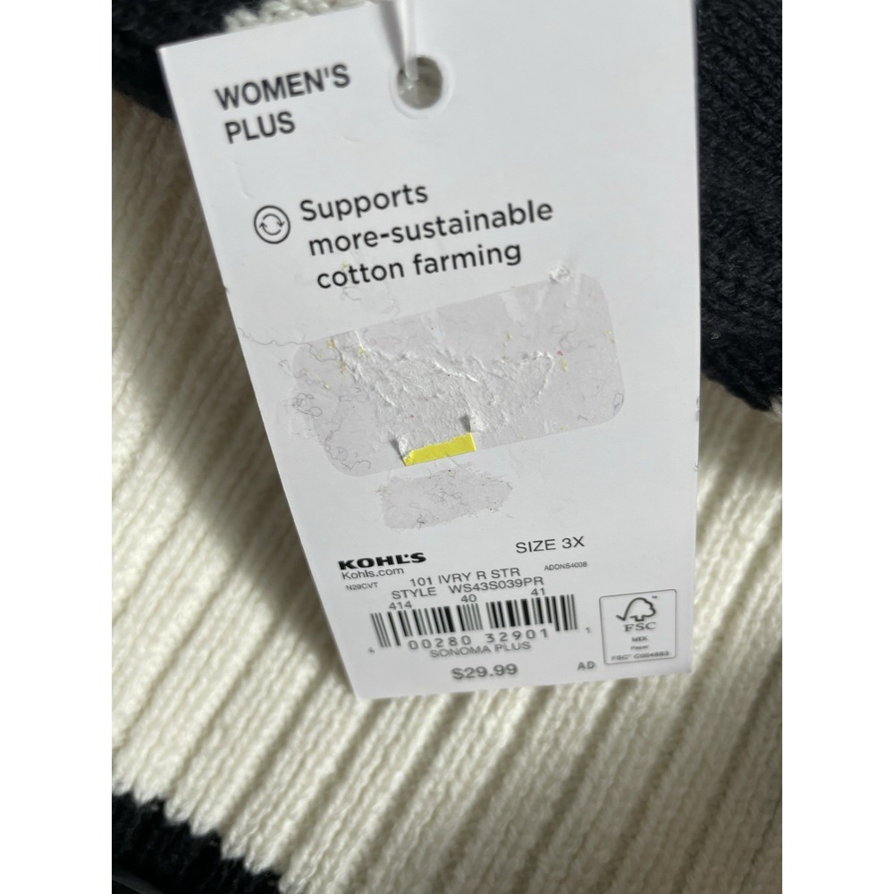 NWT Sonoma Womens 3X Sweater Ivory Black Striped Side Slit Crewneck Pullover - Picture 9 of 14